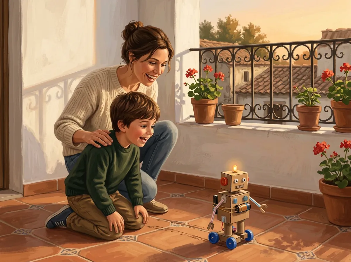 Na varanda: mãe e filho a construir um projeto de robótica em casa