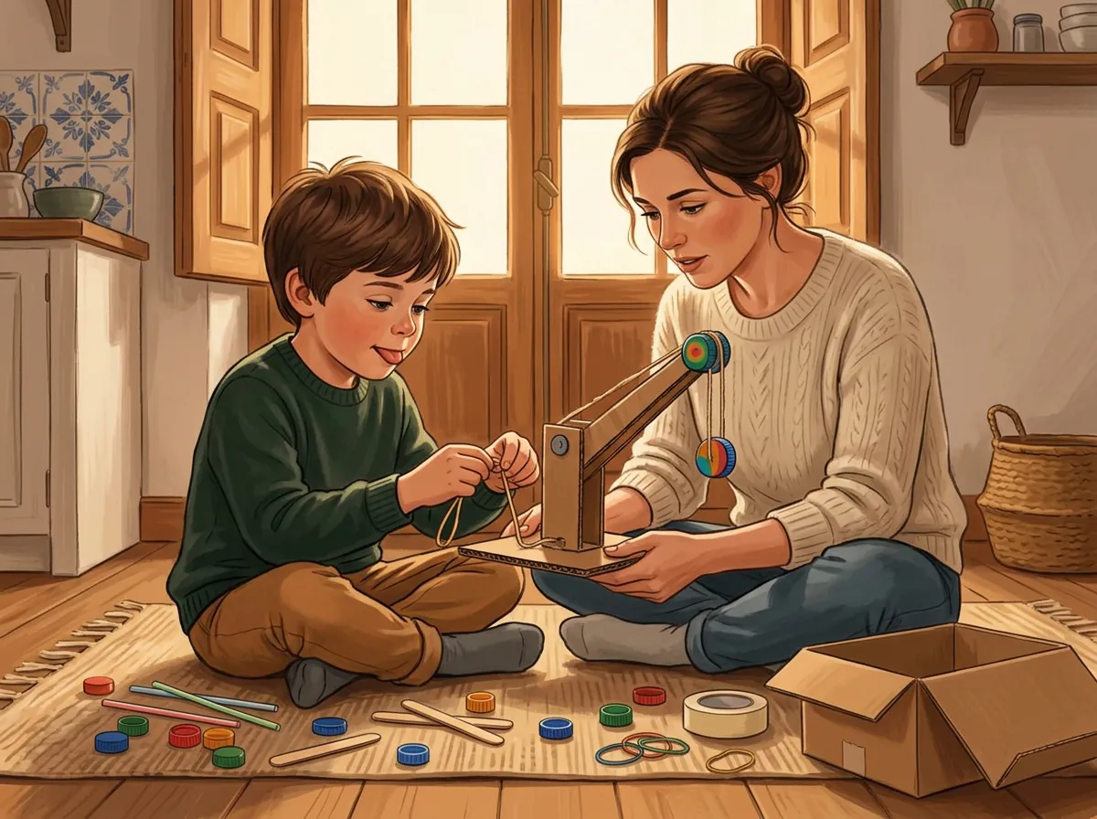 Sábado de manhã: mãe e filho a construir um projeto de robótica em casa