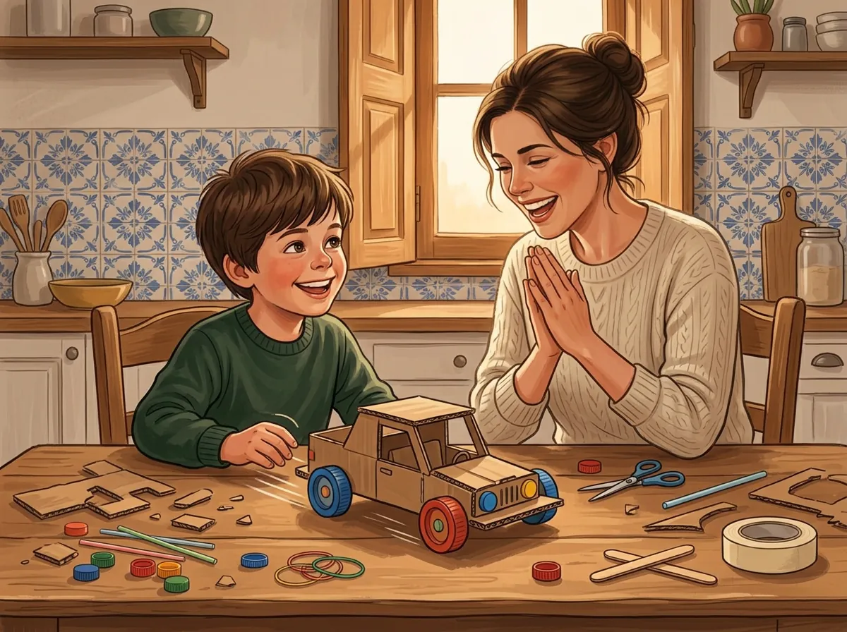 Mesa da cozinha: mãe e filho a construir um projeto de robótica em casa